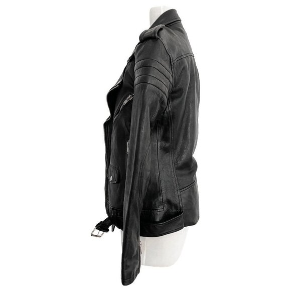 BLK DNM Motorcycle Biker Black Leather Belted Zipper Detail Jacket - Picture 2 of 10